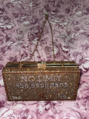 Gold Crystal 'NO LIMIT' Evening Clutch with Chain